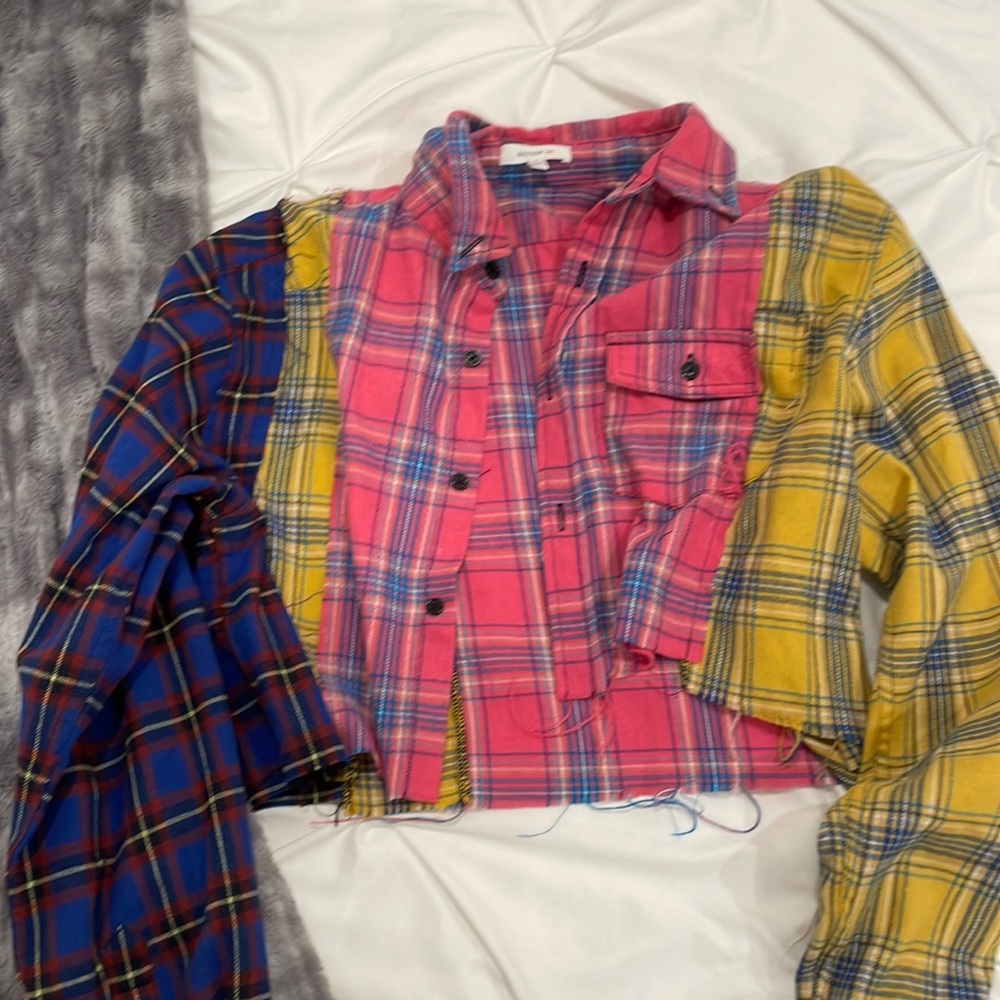 Colorful flannel button up cropped top